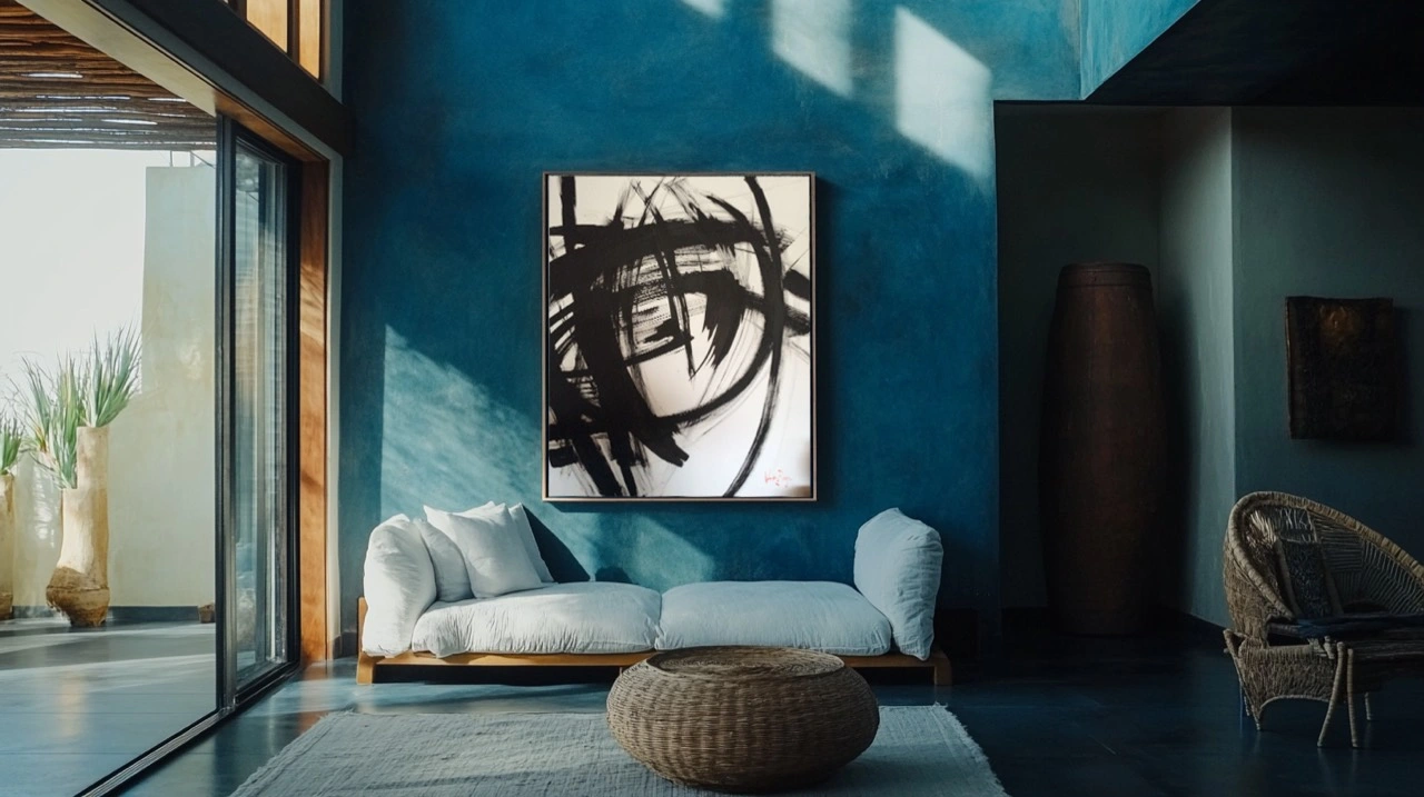 A black and white gestural painting above a white daybed against a deep blue wall