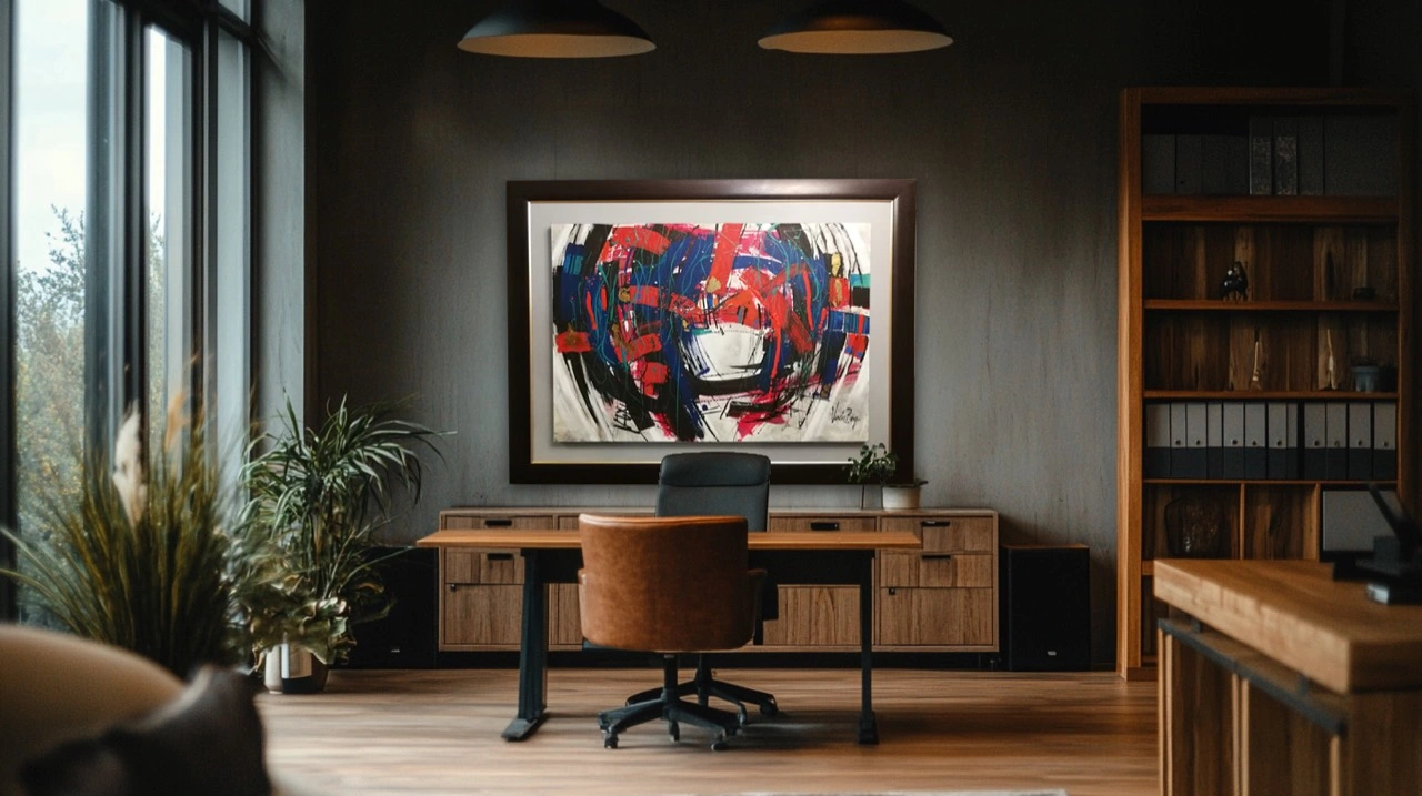 A large red and blue abstract painting in a dark timber frame in a private study
