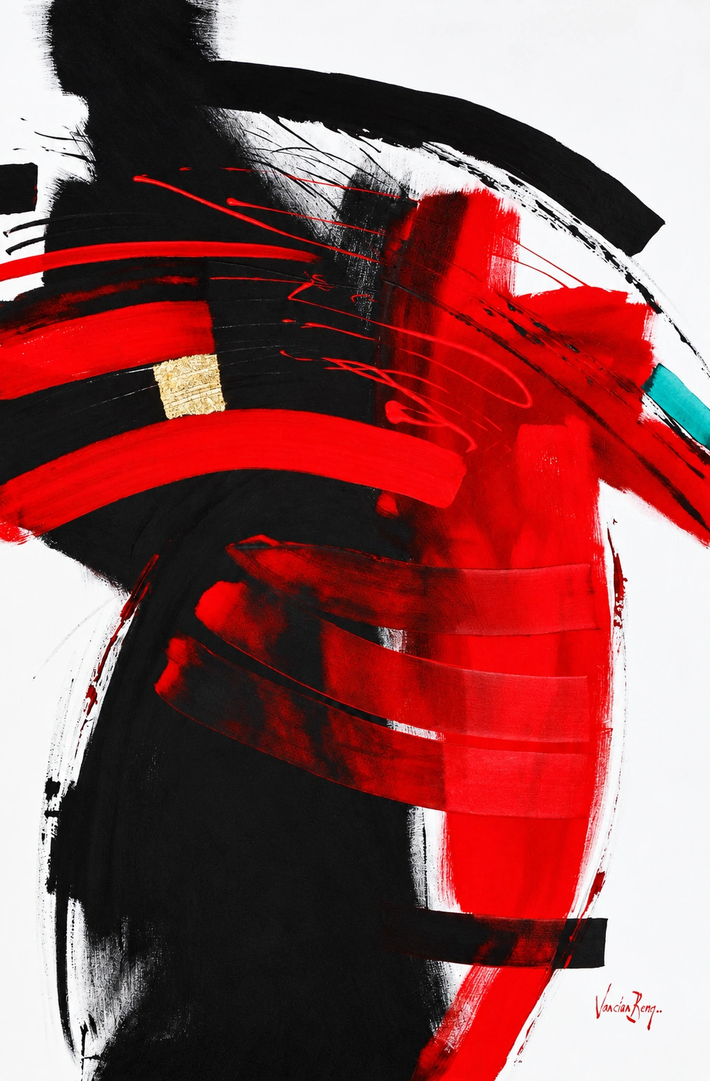 A red and black gestural abstract painting with a gold accent and signature