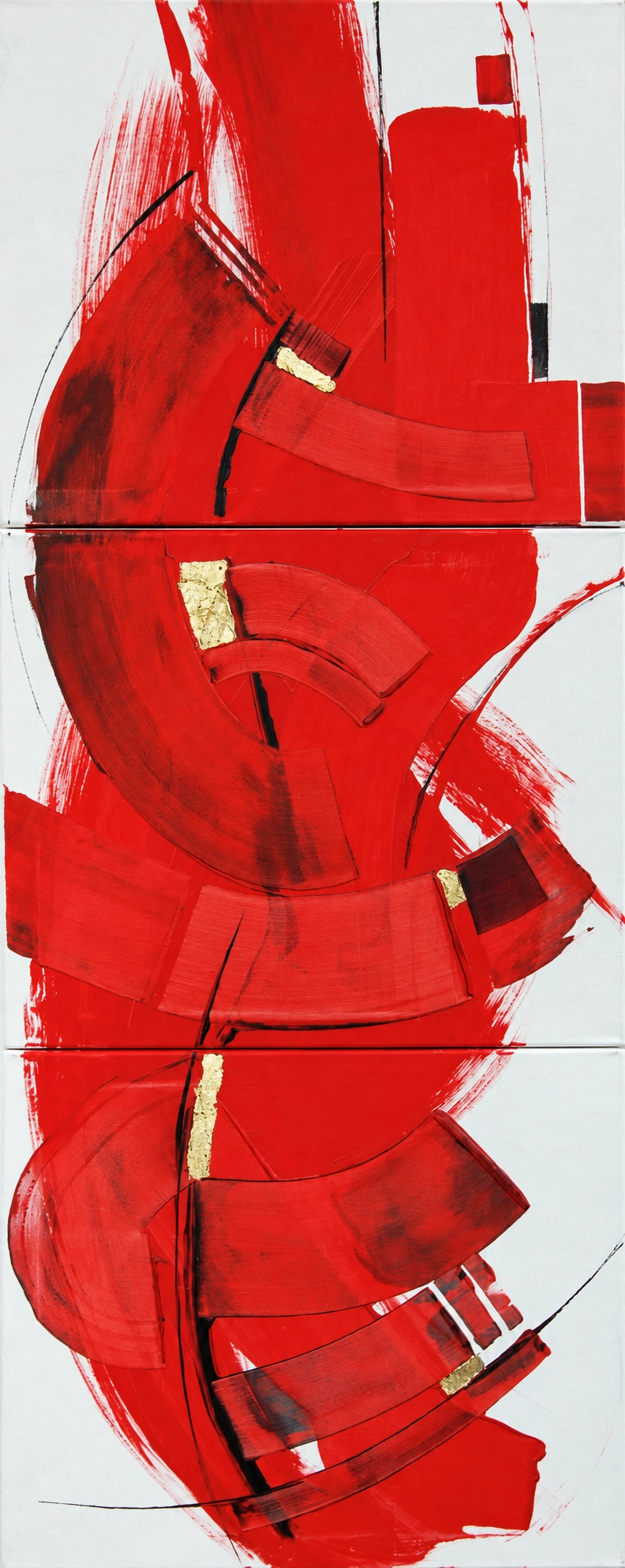 A tall red three-panel abstract composition with fine black lines and gold accents