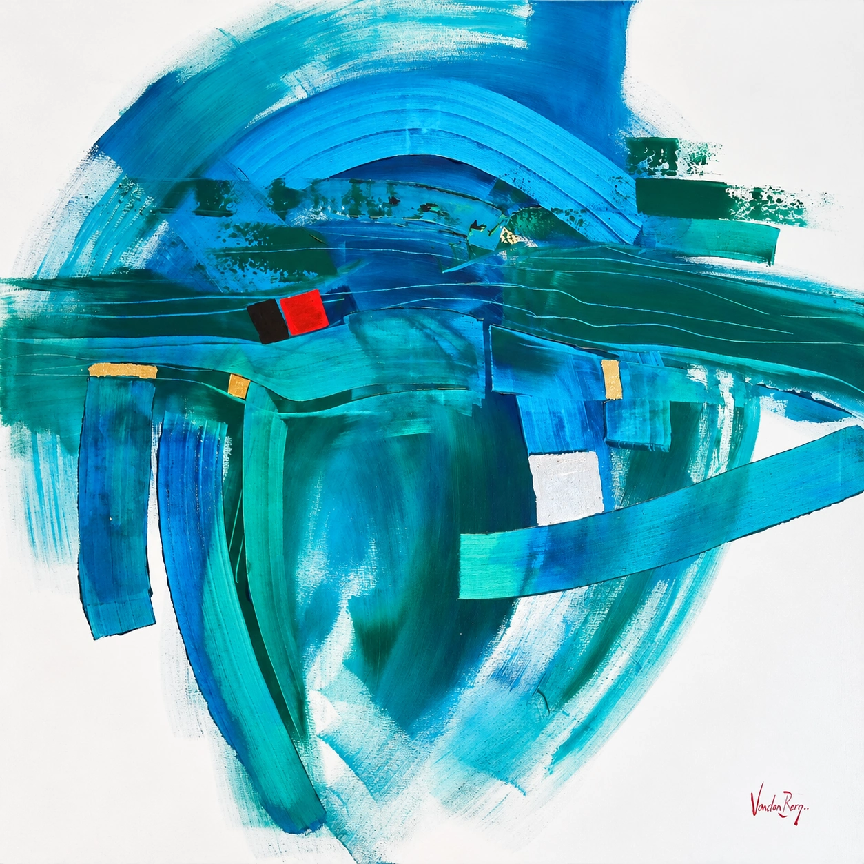 A square turquoise abstract painting with cobalt and teal brushstrokes and the artist signature